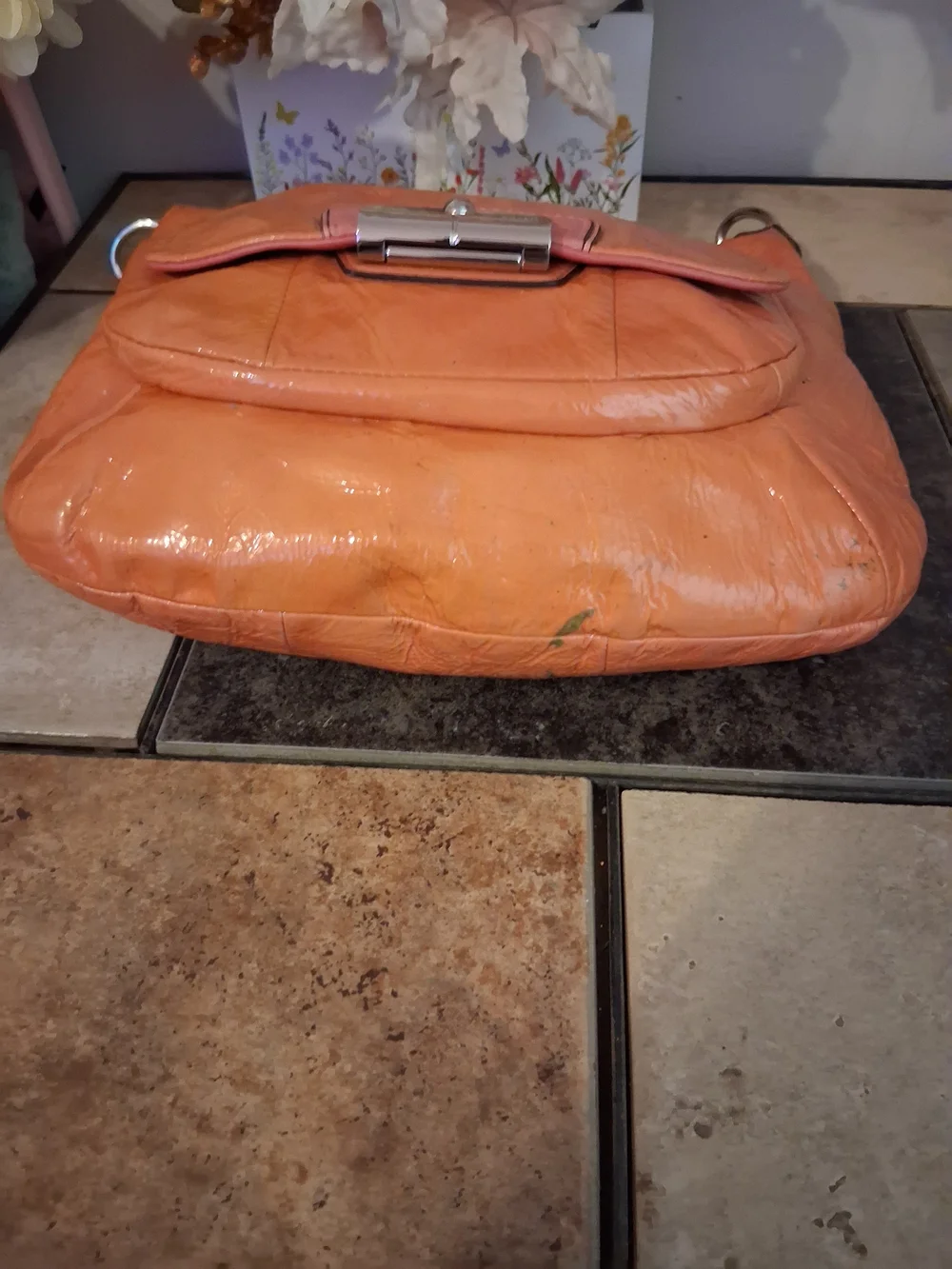 Coach Orange Patent Leather Hampton Shoulder Bag with Pink Trim